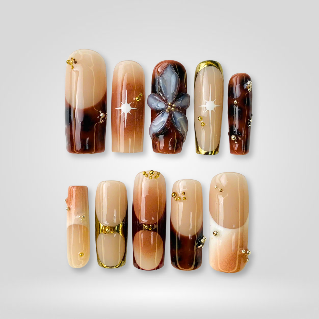 Luxe Tortoise 3d sculptural press-on nails - square shape, front view