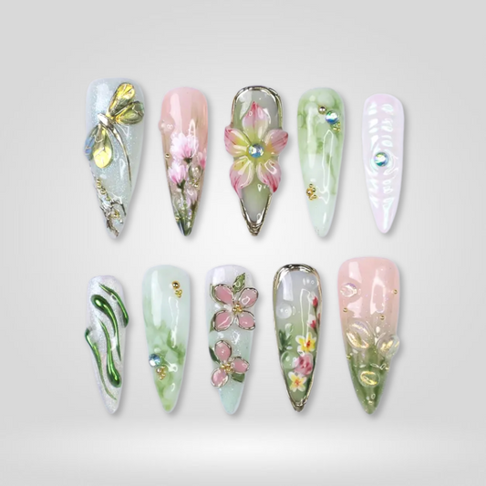 Botanic Bliss milky cloud dancer press-on nails - almond shape, front view