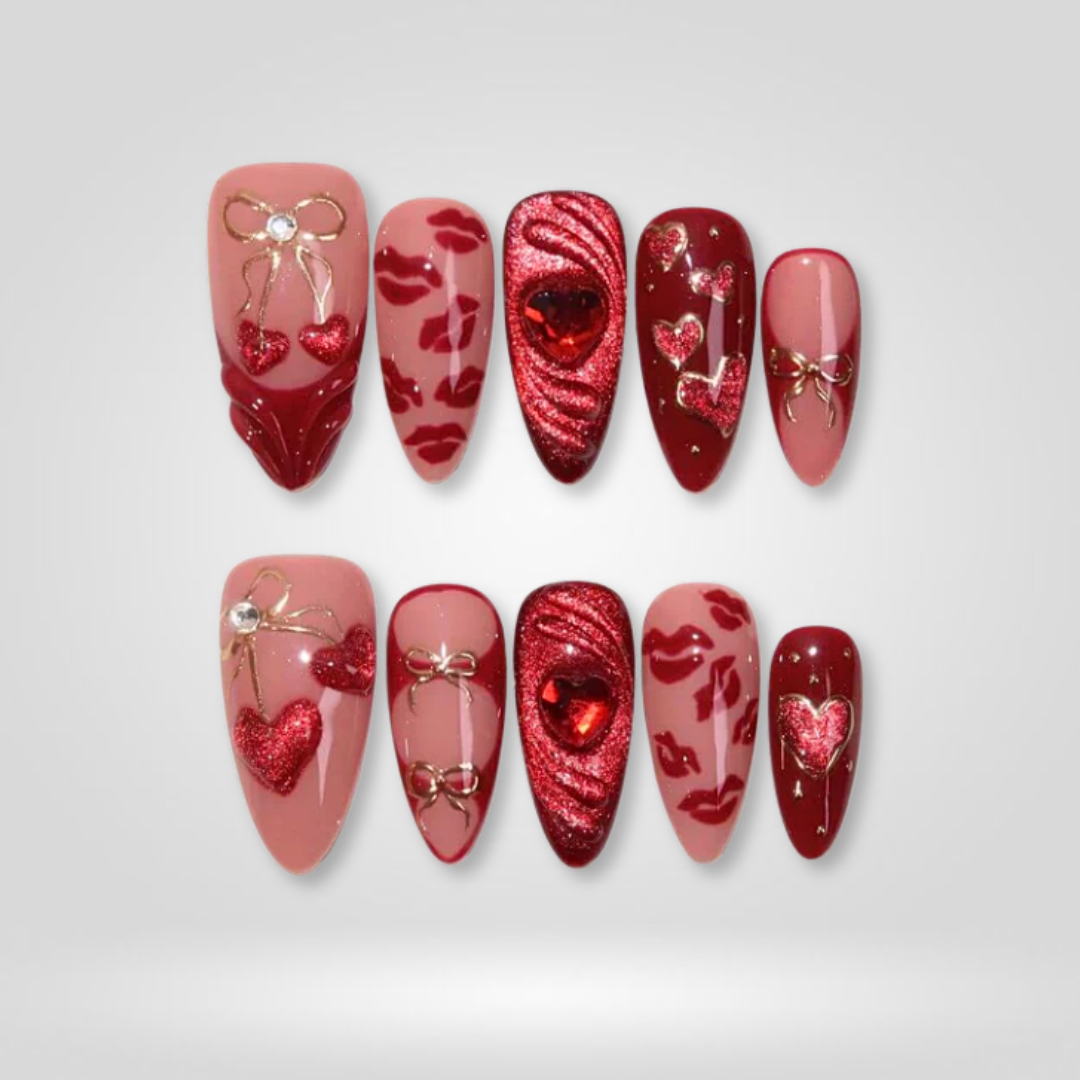 A Kiss to Remember cat-eye velvet press-on nails - almond shape, front view