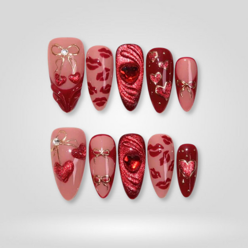 A Kiss to Remember cat-eye velvet press-on nails - almond shape, front view