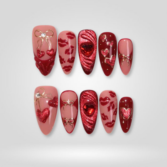 A Kiss to Remember cat-eye velvet press-on nails - almond shape, front view