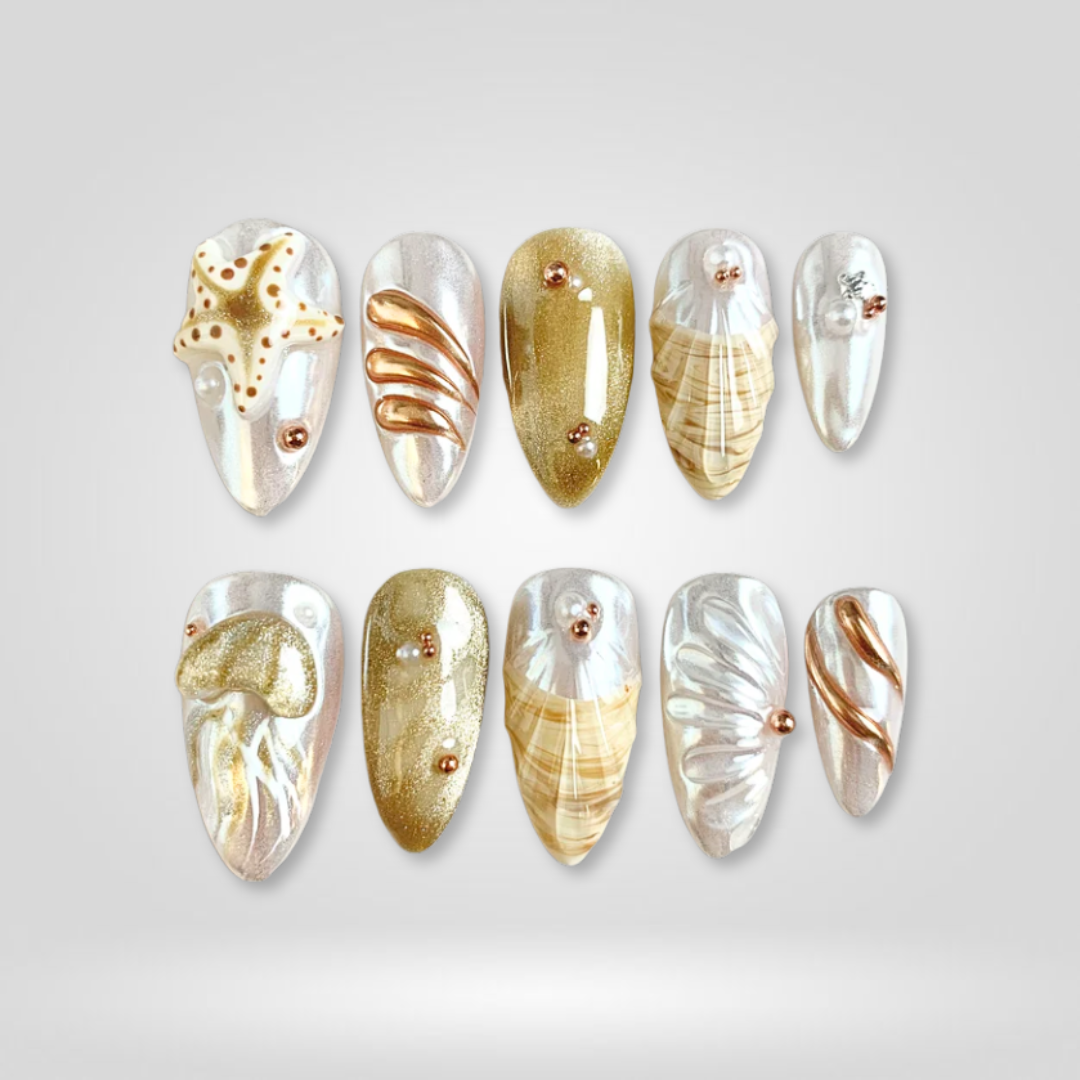 Golden Shore milky cloud dancer press-on nails - almond shape, front view