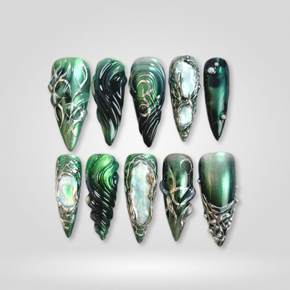 Nocturne Glitch pearl-shift press-on nails - almond shape, front view