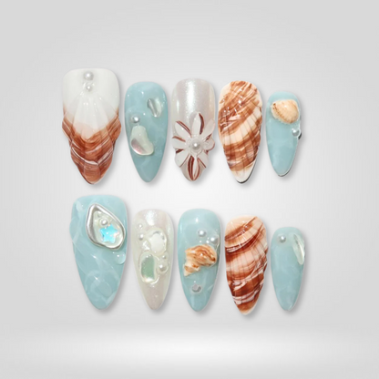 Aquamarine Wave 3d sculptural press-on nails - almond shape, front view