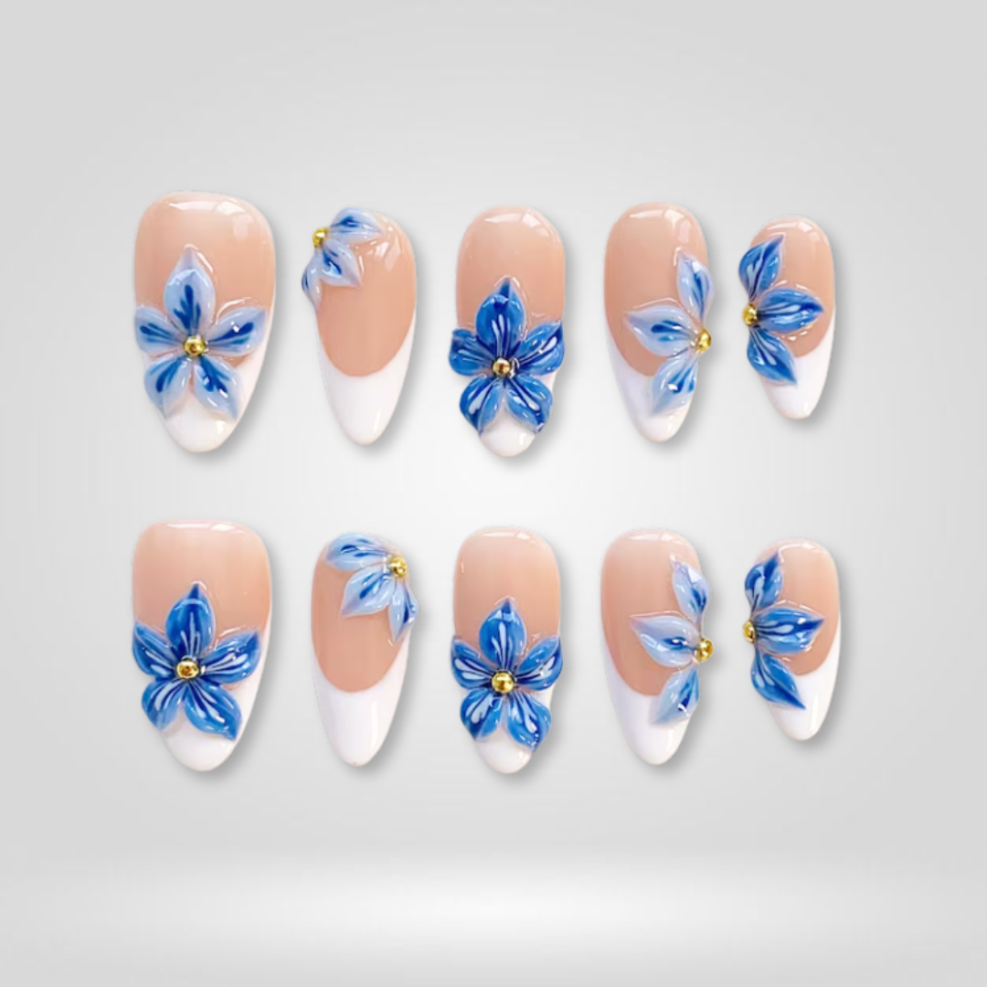 Sapphire Bloom floral press-on nails - almond shape, front view
