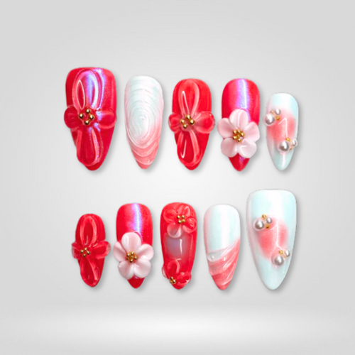 Cherry Bloom floral press-on nails - almond shape, front view