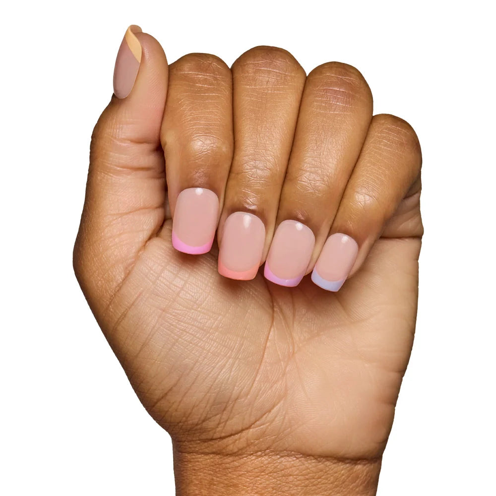 Macarons press-on nails on hand - lifestyle photo, french tip finish