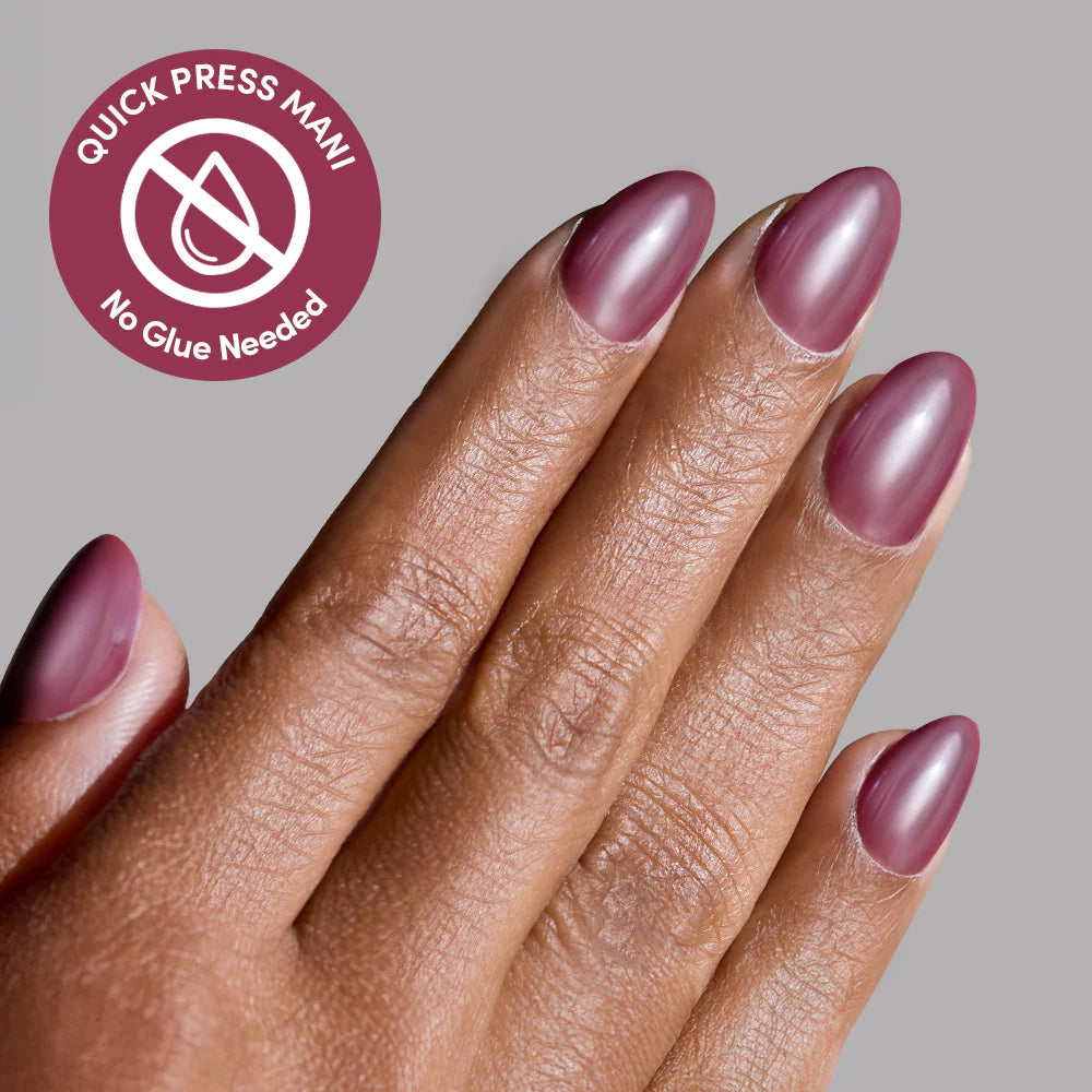 Mauve Muse press-on nails on hand - lifestyle photo, jelly glaze finish