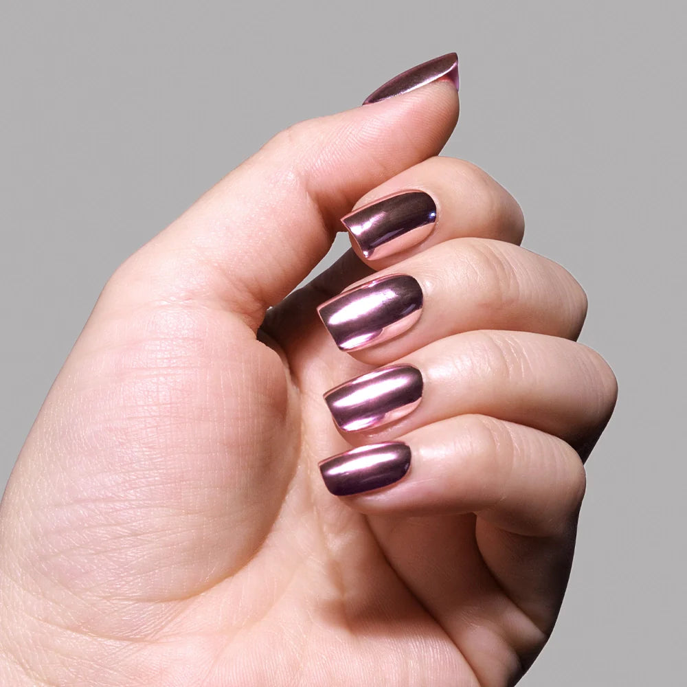 Metallic Blush press-on nails close-up texture detail - pearl-shift finish, US shipping