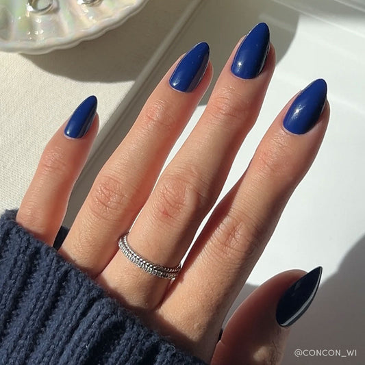 Midnight Blue seasonal press-on nails - almond shape, front view