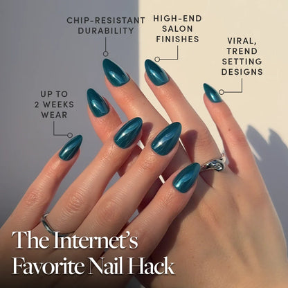 Midnight Teal press-on nails close-up texture detail - jelly glaze finish, US shipping