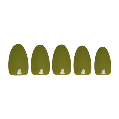 Moss Green press-on nails on hand - lifestyle photo, seasonal finish