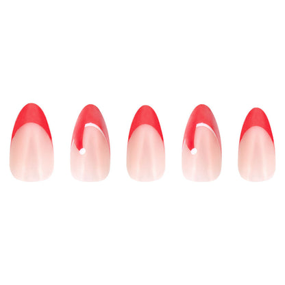 Mrs. Claus press-on nails on hand - lifestyle photo, french tip finish