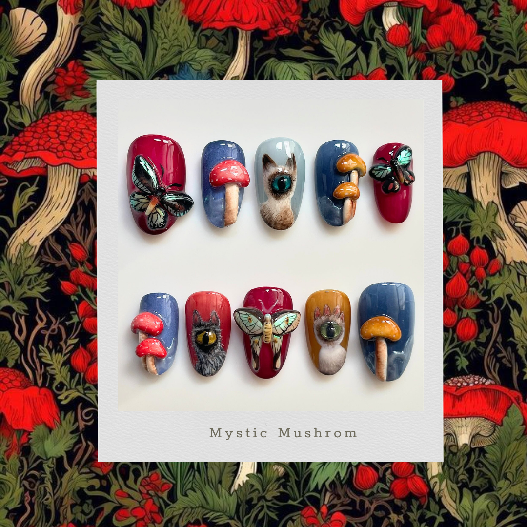 Mystic Mushroom press-on nail set - XS to L sizing, 3d sculptural design