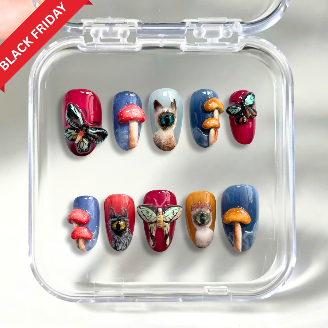 Mystic Mushroom press-on nails on hand - lifestyle photo, 3d sculptural finish