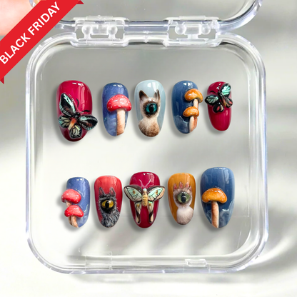 Mystic Mushroom press-on nails on hand - lifestyle photo, 3d sculptural finish