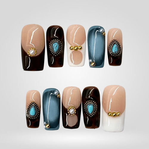 Azure Stone floral press-on nails - almond shape, front view