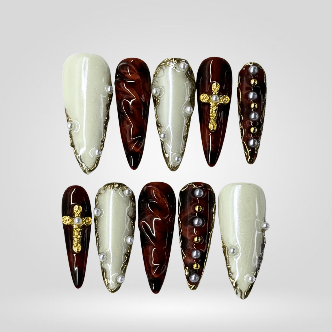 Ivory Cross milky cloud dancer press-on nails - almond shape, front view