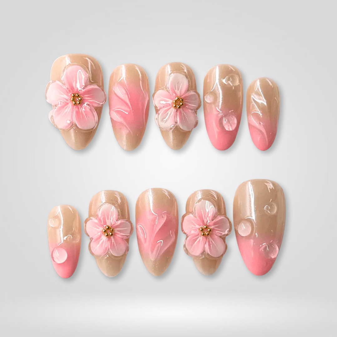 Cherry Blossom floral press-on nails - almond shape, front view