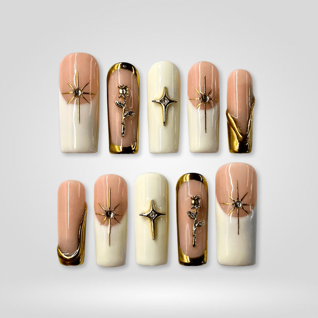 Crystal Bloom floral press-on nails - almond shape, front view