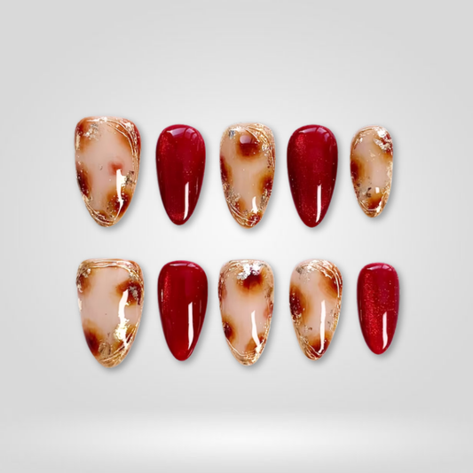 Ruby Marble berry press-on nails - almond shape, front view