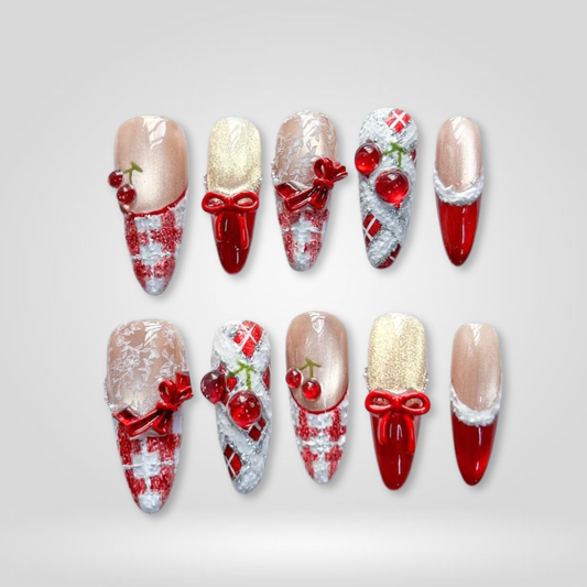 Cherry Noel berry press-on nails - almond shape, front view
