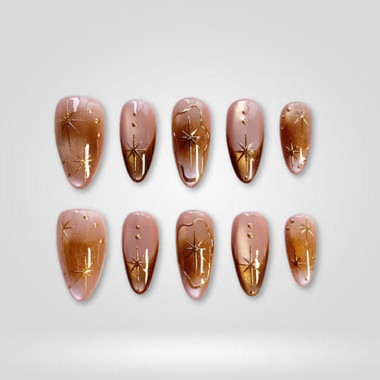 Bronze Stars soft neutral press-on nails - almond shape, front view