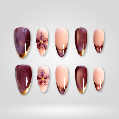 Plum Bloom floral press-on nails - almond shape, front view