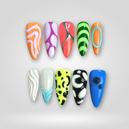 Neon Chaos pearl-shift press-on nails - stiletto shape, front view