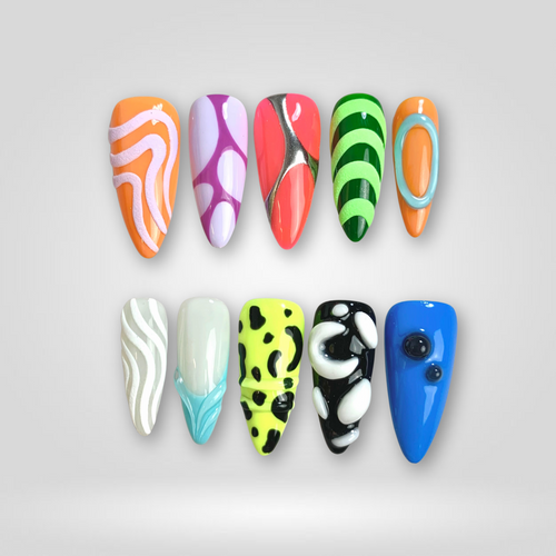 Neon Chaos pearl-shift press-on nails - stiletto shape, front view