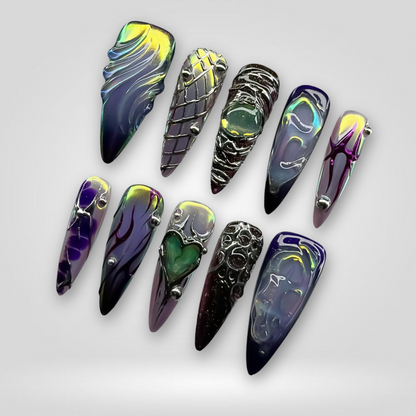 Galactic Chrome press-on nails on hand - lifestyle photo, 3d sculptural finish
