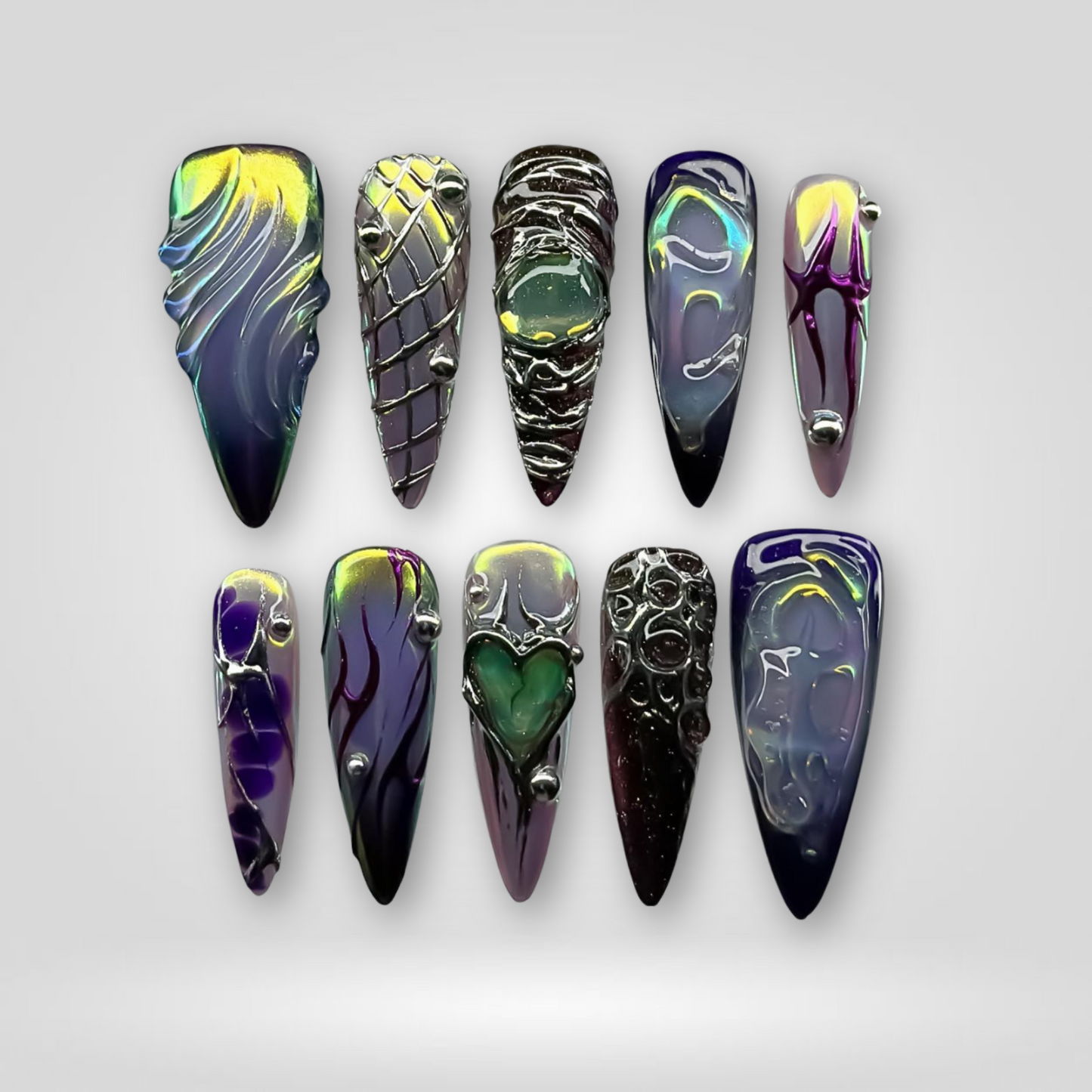 Galactic Chrome 3d sculptural press-on nails - almond shape, front view