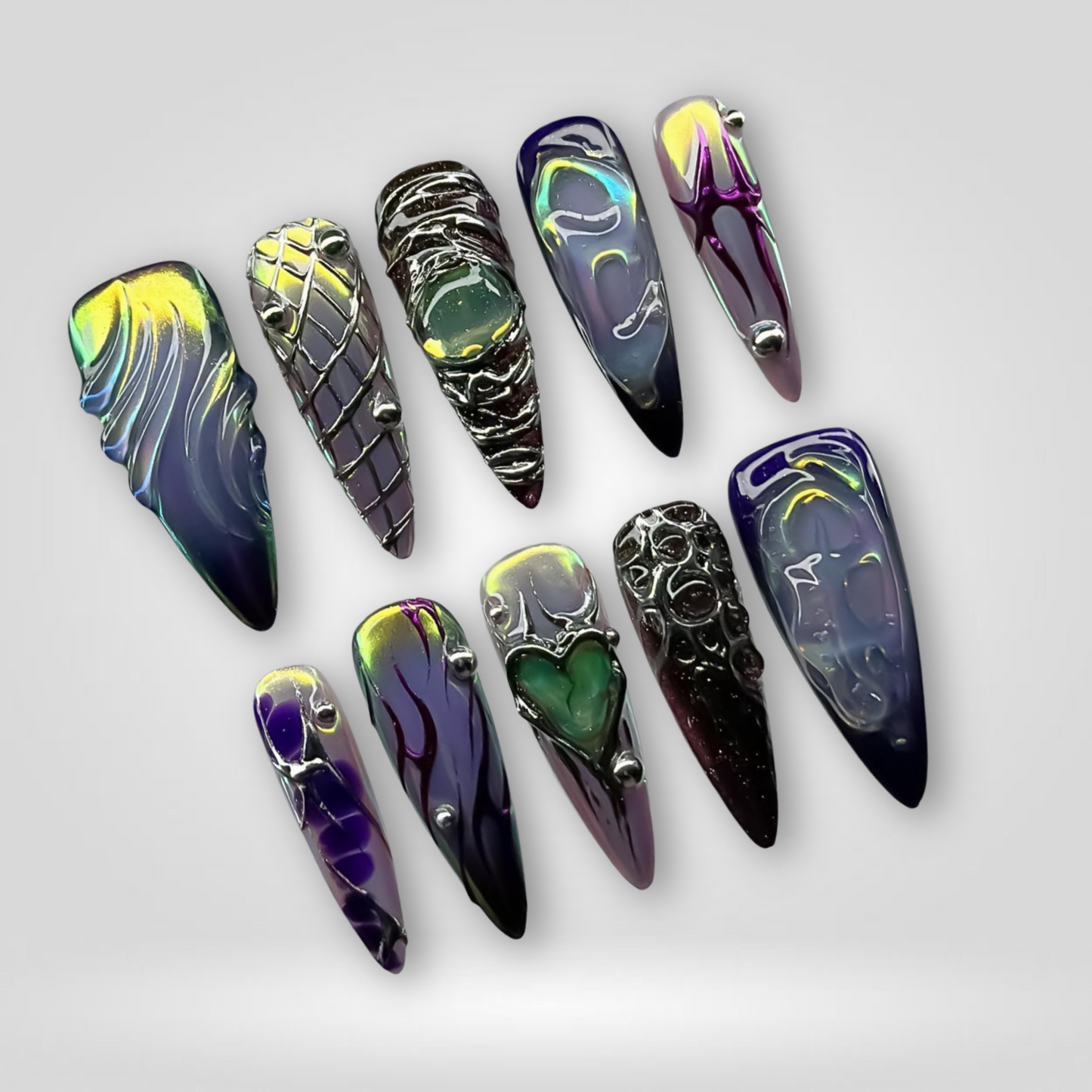 Galactic Chrome press-on nail set - XS to L sizing, 3d sculptural design