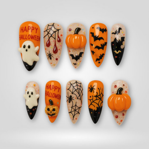 Spooky Halloween soft neutral press-on nails - almond shape, front view