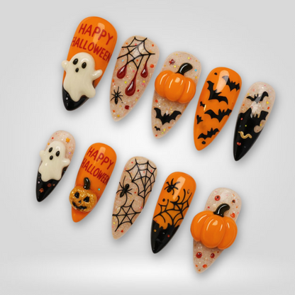 Spooky Halloween press-on nails on hand - lifestyle photo, soft neutral finish