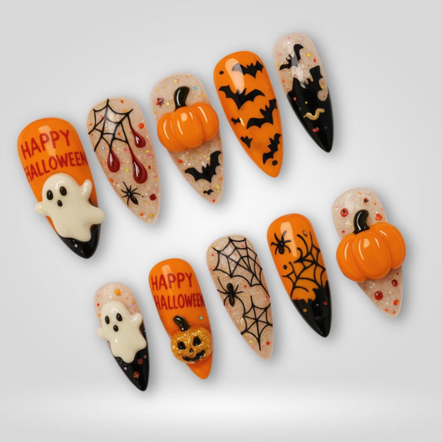 Spooky Halloween press-on nail set - XS to L sizing, soft neutral design
