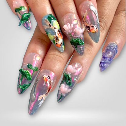Lotus Drift press-on nails on hand - lifestyle photo, 3d sculptural finish