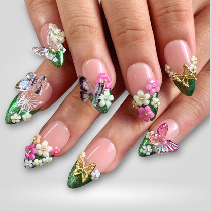 Butterfly Garden press-on nails on hand - lifestyle photo, milky cloud dancer finish