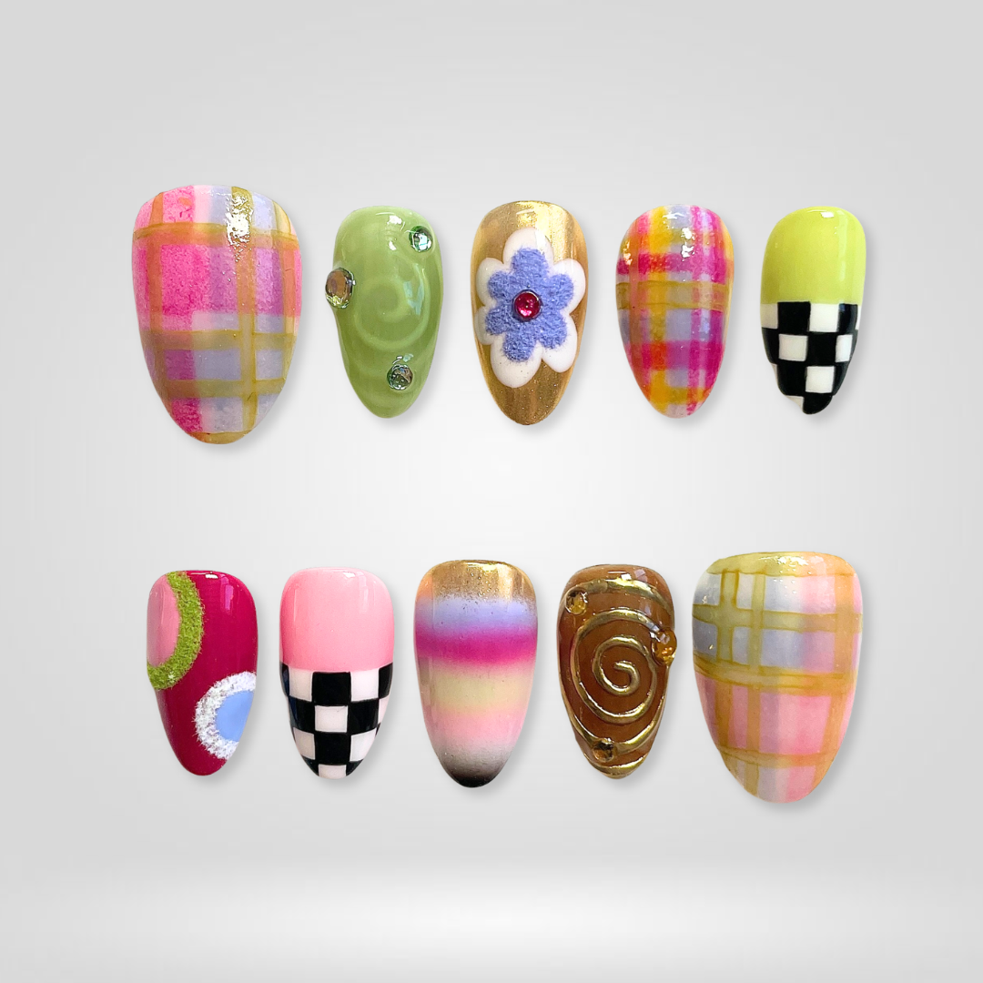 Candy Plaid floral press-on nails - almond shape, front view