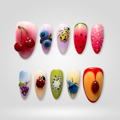 Berry Garden floral press-on nails - almond shape, front view