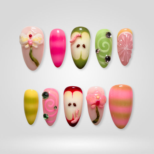 Fruit Candy floral press-on nails - almond shape, front view