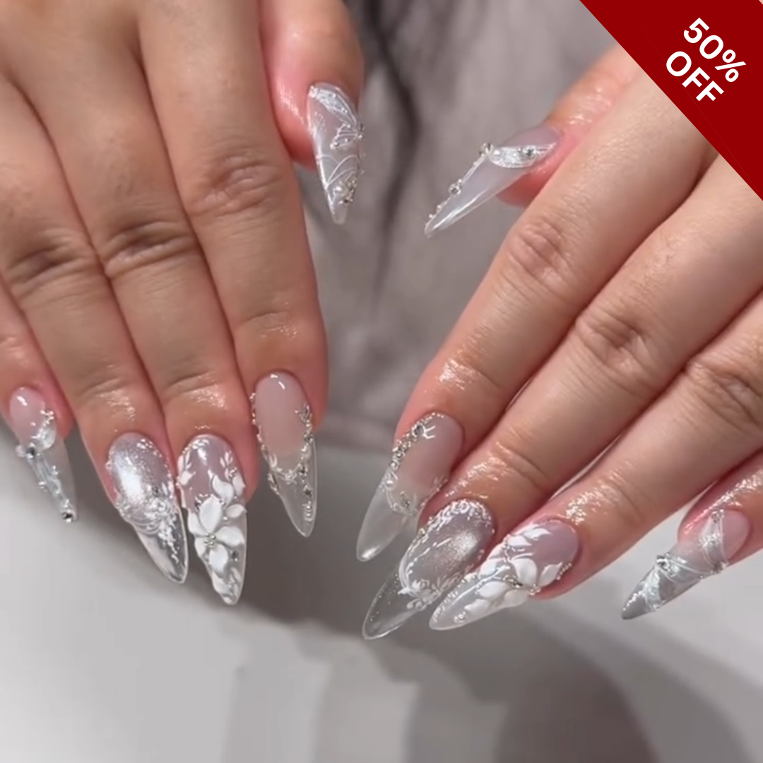 Floral Haze press-on nail set - XS to L sizing, cat-eye velvet design