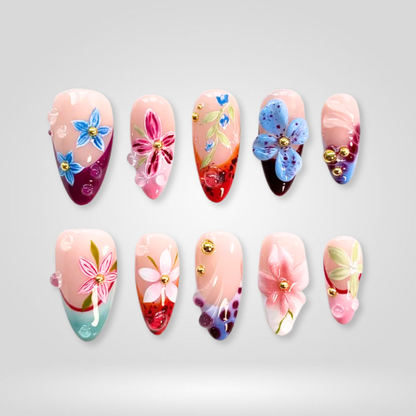 Floral Splash floral press-on nails - almond shape, front view