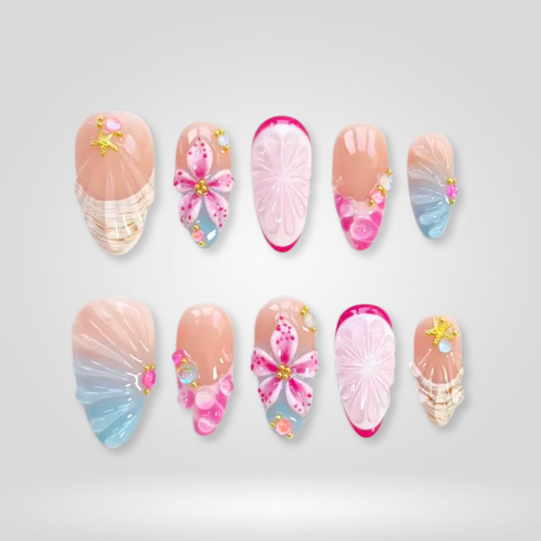 Ocean Petals floral press-on nails - almond shape, front view