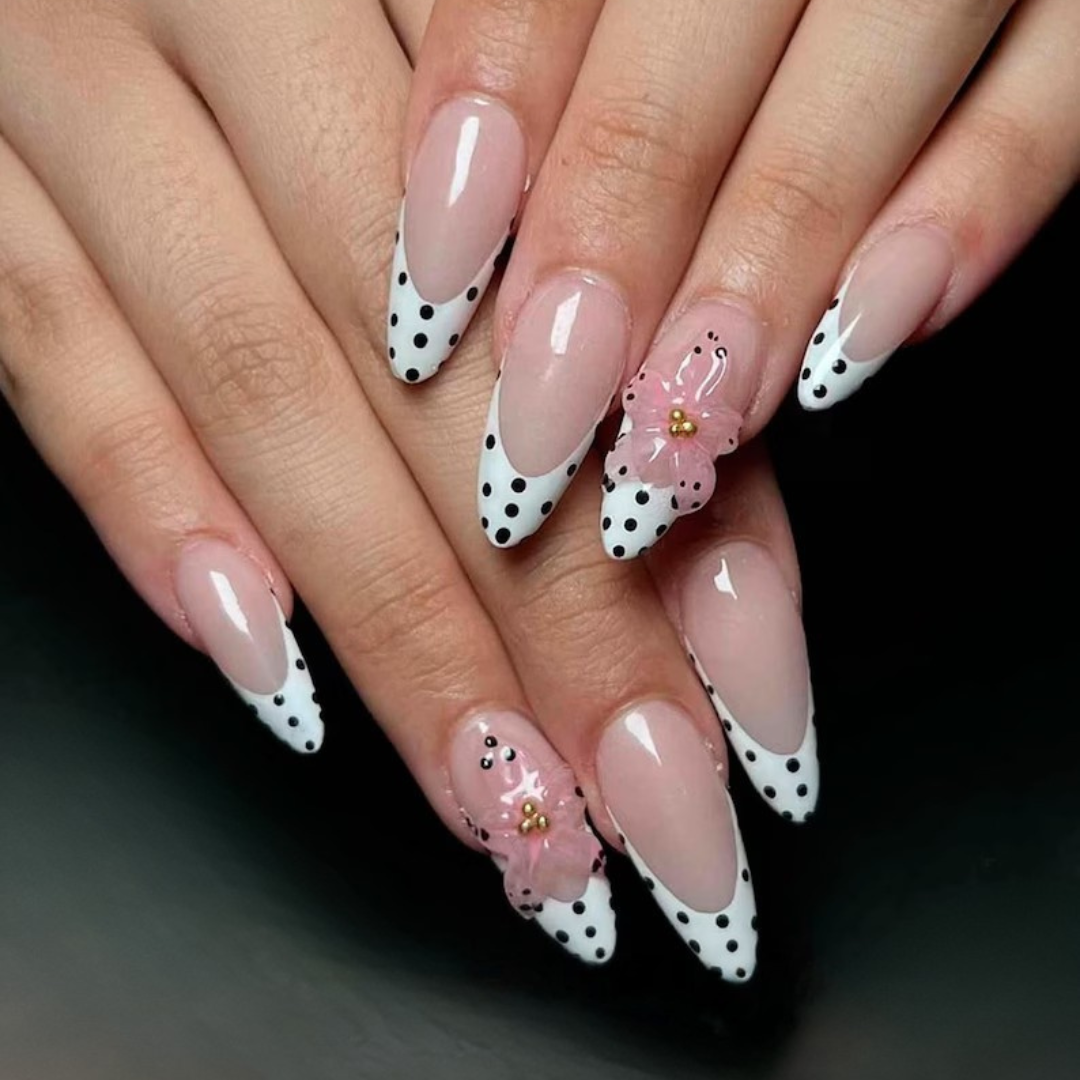 Soft Daisy polka dot press-on nails - almond shape, front view