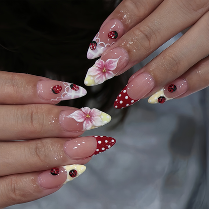 Berry Kiss polka dot press-on nails - almond shape, front view