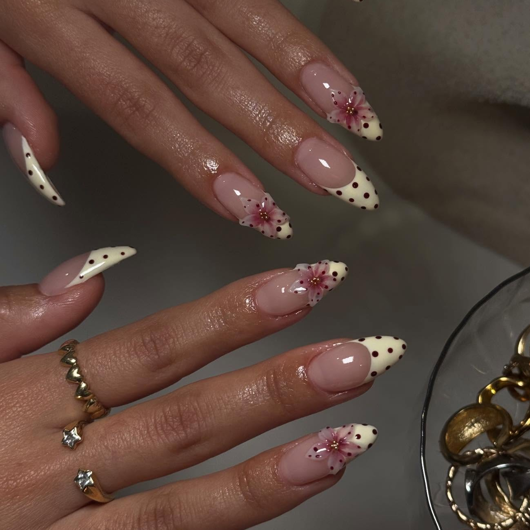 Cocoa Blooming polka dot press-on nails - almond shape, front view