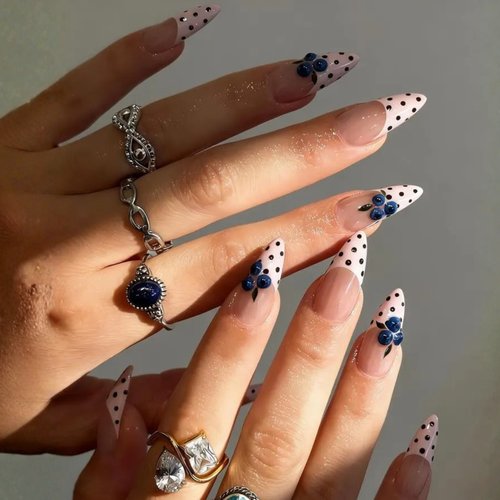 Blue Berry polka dot press-on nails - almond shape, front view
