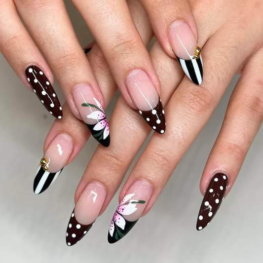 Mocha Bloom polka dot press-on nails - almond shape, front view
