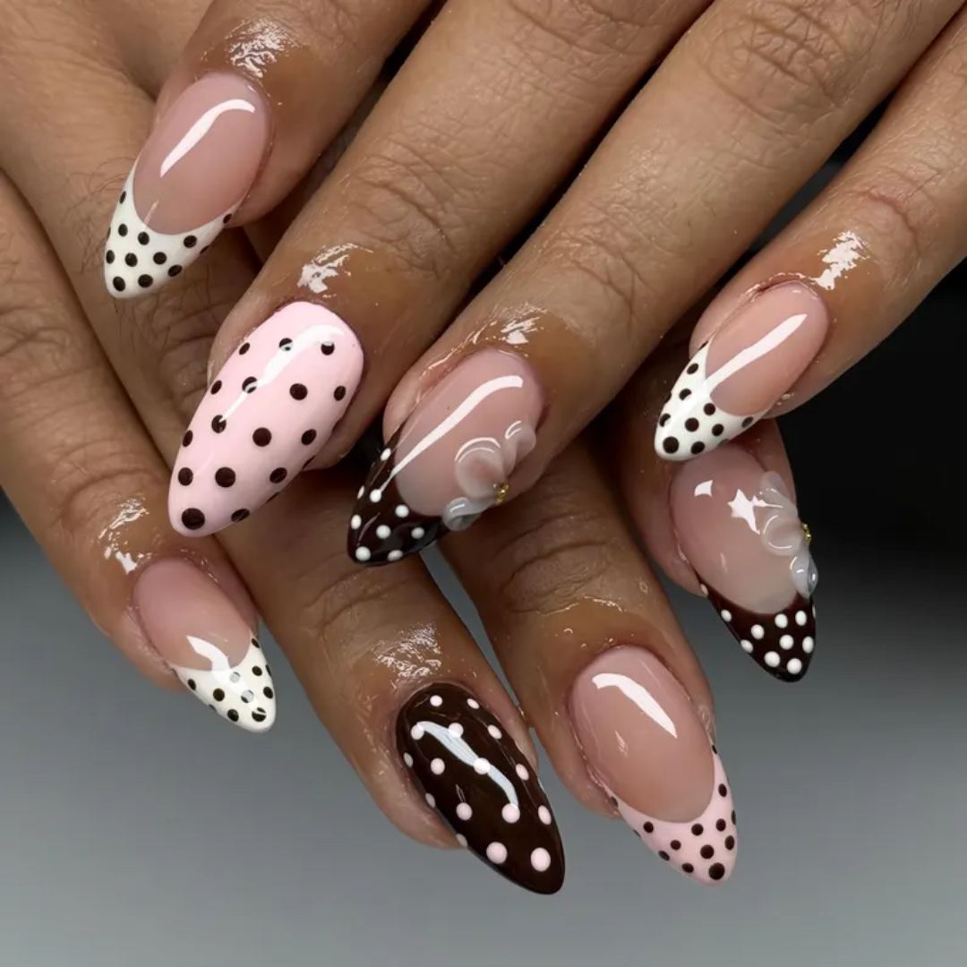 Choco Dot polka dot press-on nails - almond shape, front view